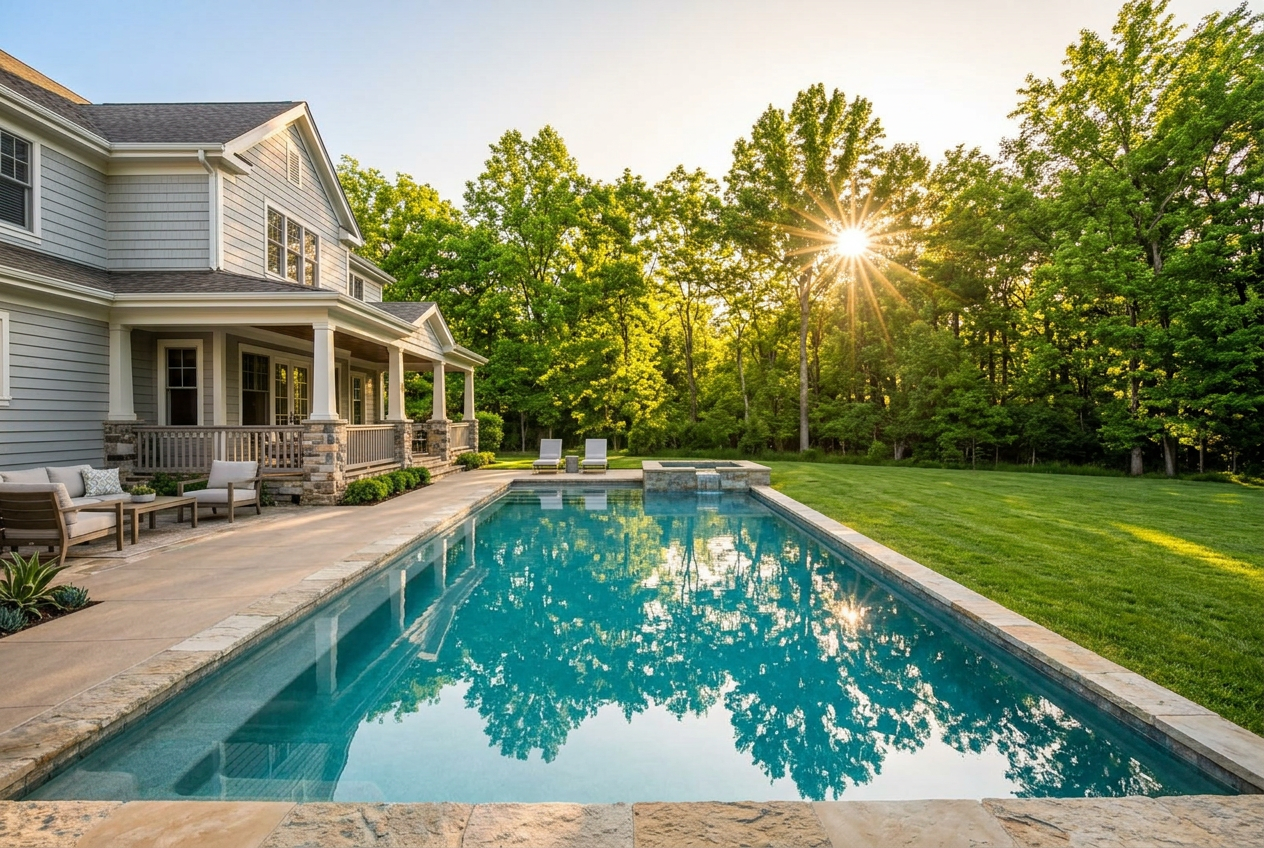 Crystal-clear backyard swimming pool maintained by KLUG Pool Services at golden hour